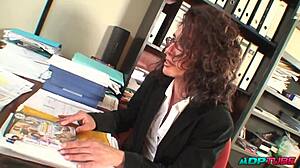 mature woman rides in office interview setting