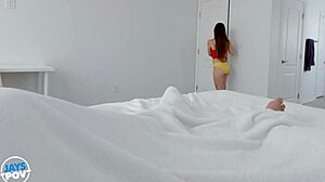 Tiny brunette teen Mira Monroe gets bold POV creampie in casting