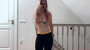 Beautiful woman with big lips dancing sensuously