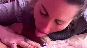 Magic girl makes cock disappear with sloppy handjob and swallow, tattooed in panties and thong