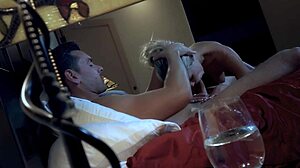 scarlet red watches stud cum on sweaty tits while bent over