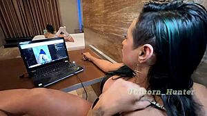 pierced nipples licked, ass slapped, submissive lesbian uses dildo toys