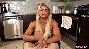 TeasePOV - denise anders teases my throbbing cock with blowjob, athletic blonde milf handjob, pov fitness, and cumshot.