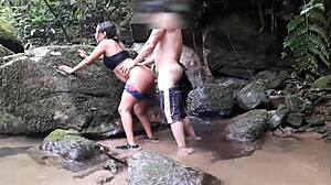 A Good Waterfall Scene Includes Brunette With Tattoo Getting Anal And Cum On Ass