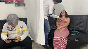 Doctor examines teen girl beside stepfather