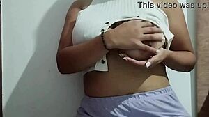 milf massages her huge natural tits with real pleasure at home