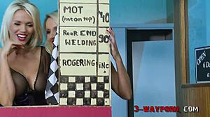 blonde voyeur watches 3-way fuck in garage