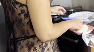 My Friend Cooks For Me In Just Lingerie And Thong