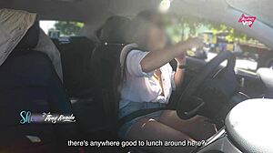 Hot wife Thay Ksada flashes tits in the car for stranger