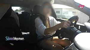 Hot wife Thay Ksada flashes tits in the car for stranger