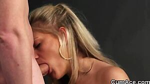 This foxy beauty swallows all the cum on her face