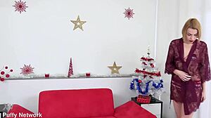 Close up and personal look at a blonde's masturbation experience with Christmas themed toys
