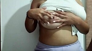 milf massages her huge natural tits with real pleasure at home