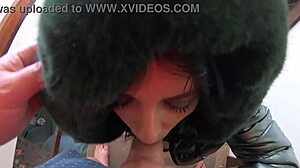 Slutty mature sucks cock close up, then orgasms in down-jacket fetish glamour