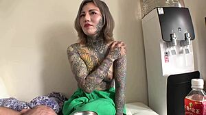 Tattooed Japanese Amateur Rin Undresses, Sucks Nipples, Deep Kisses, Licks Erect Cock
