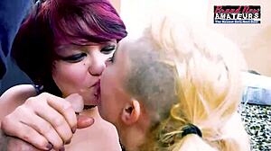 busty pink haired trinity and skinny blonde jackie deepthroat cock with ass to mouth and facial