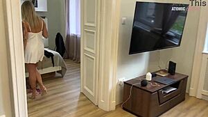 oh, i'm cheating with your best friend, sucking his big european cock and giving secret footjob. blonde slut licks deepthroat.