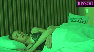 step son sneaks a feel of step mom’s tits in bed, then she rides him cowgirl