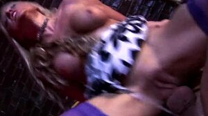 Olga Cabaeva bent over in fishnets for deepthroat and fingering by big tits mommy in crowded room