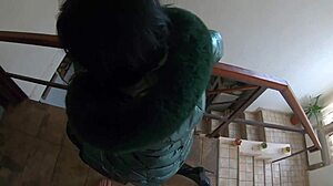 Slutty mature sucks cock close up, then orgasms in down-jacket fetish glamour