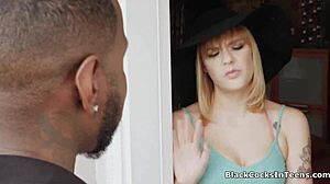 Juicy white pussy is filled with a huge black cock in this steamy scene