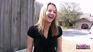 Big tits girl is trying to attract the guy by showing her assets