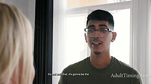 Blonde masseuse sees virgin's shaved pussy for first time!