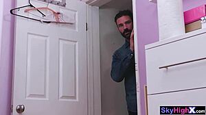 Webcam petite teen interacts with stepdad in garage