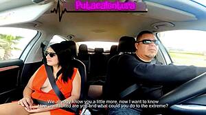 the tv host brunette milf kisses and gives blowjob to luis garay in the car during interview