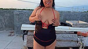 submissive milf gets dominated outdoors on rooftop by bricklayer facial blowjob and golden shower a real submissive and compliant latina bitch
