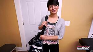 Skinny brunette jae scott sucks dick and gets pussy fucked