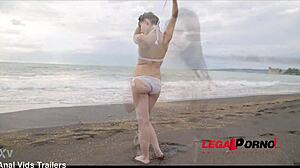 Two muscular guys fucked Luna on the beach