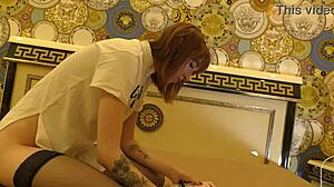 HOT TIGHT PUSSY skinny redhead BRALESS and NO PANTIES on the BED gets BORED and IGNORED in BLACK STOCKINGS