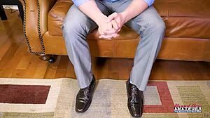 Skinny brunette jae scott sucks dick and gets pussy fucked