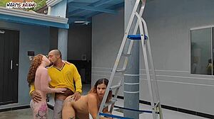 Bisexual beauties welcome naked visitor for interracial creampie