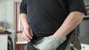 Chris, the old man, strips and talks dirty, ripping clothes in the process.