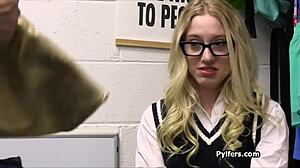 Short geeky blonde in glasses and uniform stripped and fucked by mall cop after search