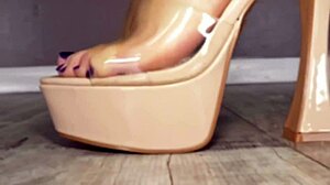 the russian brunette in high heels teases with long legs for foot fetish jerk off