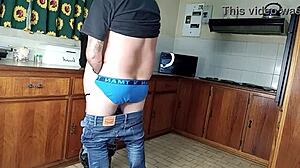 Quickie sex in the kitchen while her mother is busy washing clothes