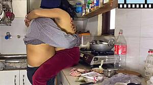 Husband surprises Latina bride in kitchen fuck