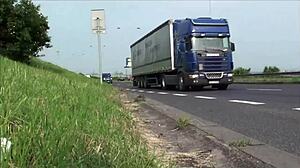 Wow, busty girl joins public gangbang threesome by highway!