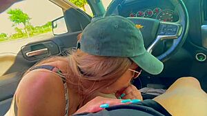 Busty MILF sucks cock outdoors teasingly