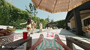 Vr Bangers Three Brunette Babes Engage In Hard Poolside Orgy With Blowjob And Assfucking