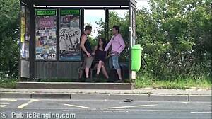 Wow, busty girl joins public gangbang threesome by highway!
