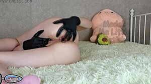 petite stepsister pisses in latex gloves while masturbating with butt plug and big clit