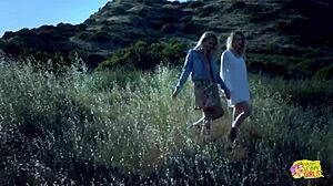 Blonde babe licks and fingers lesbian outdoors in hardcore training