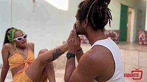 Brunette uses feet for suggestive handjob and gets covered