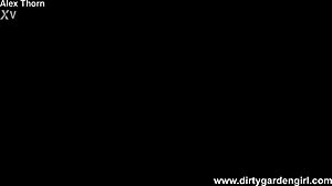 Dirdygardengirl rams her butt with huge redwhite dildo