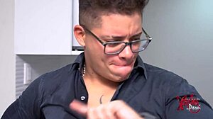 Boss sucks servant's dick and begs for cum.