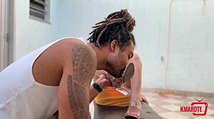 Brunette uses feet for suggestive handjob and gets covered